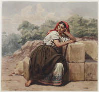TvB T 424
<br/>
Italiaanse vrouw zittend op steenblokken
<br/>
<em>Famars Testas, Willem de (1834-1896)</em>
